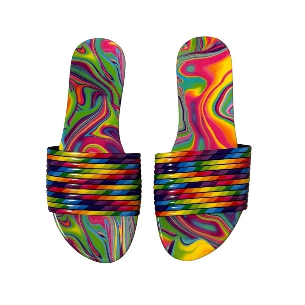 Vibrant Tie Dye Rainbow Striped Slip On Sandals Size 39/US 8.5